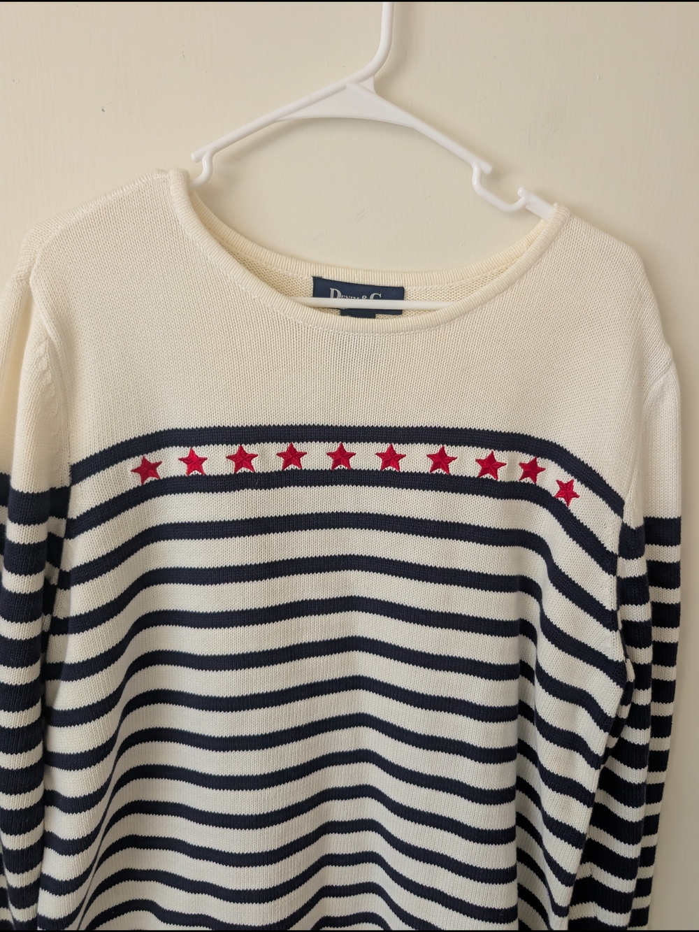 Vintage Womens Large 100% Cotton Stars & Stripes Sweater Cream Cottage Classic - Picture 3 of 6